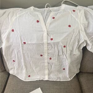 beachlunchlounge White Button-Down Shirt with Red Heart Embroidery